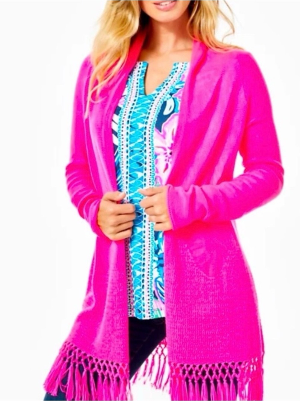 Lilly Pulitzer Hot Pink Open-Front Fringe Cardigan